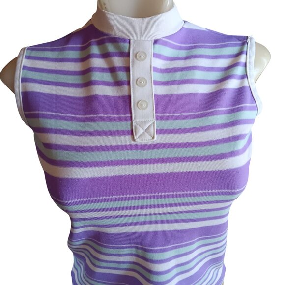 Vintage Women's XS T-shirt Single Stitch 1960's Striped Top Purple Mod - Picture 1 of 7